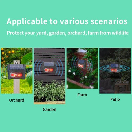 Outdoor Ultrasonic Solar Mouse Repeller With LED Flash mounted in orchard garden farm and patio showing daytime ultrasonic waves and night LED strobe