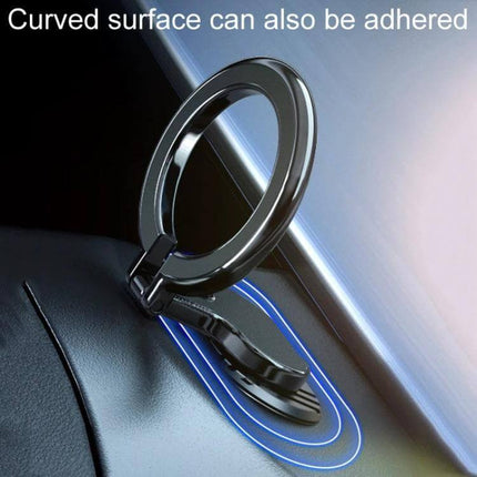 Magnetic Folding Car Phone Holder Rotatable Steering Wheel Mount attached to dashboard on curved surface, zinc alloy ring, adhesive base for navigation