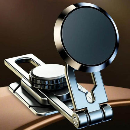 Foldable Suspension Car Phone Holder With Magnetic Slide For Dashboard mounted on dashboard, foldable rail and magnetic round pad in aluminum alloy