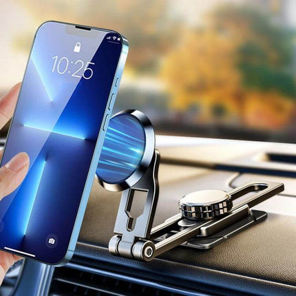 Foldable Suspension Car Phone Holder With Magnetic Slide For Dashboard mounted on dashboard holding smartphone, aluminum alloy foldable rail and hidden tie rod
