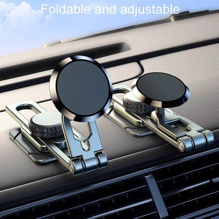 Foldable Suspension Car Phone Holder With Magnetic Slide For Dashboard mounted on a car dash, foldable rail and magnetic round mount visible