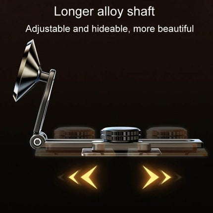 Foldable Suspension Car Phone Holder With Magnetic Slide For Dashboard showing adjustable longer alloy shaft and foldable rail on dashboard