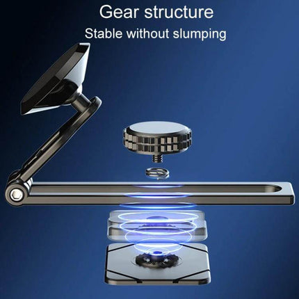 Foldable Suspension Car Phone Holder With Magnetic Slide For Dashboard showing exploded view of magnetic slide, foldable rail and gear structure