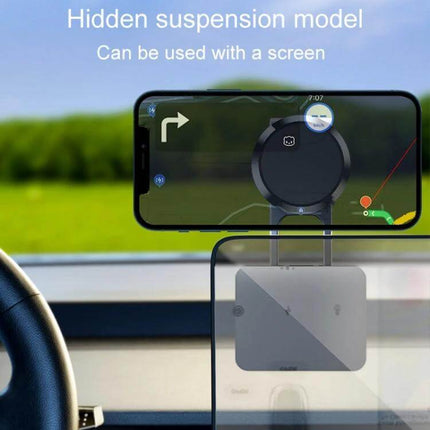 Foldable Suspension Car Phone Holder With Magnetic Slide For Dashboard mounted on dash showing hidden suspension and folded rail with phone in landscape navigation