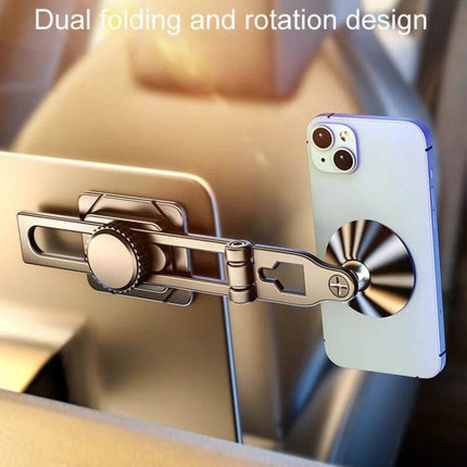 Foldable Suspension Car Phone Holder With Magnetic Slide For Dashboard mounted on dash showing dual folding rotation arm holding smartphone