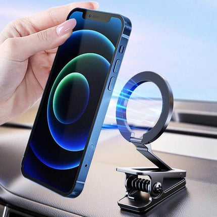 Car Magnetic Phone Holder Clip Stand For Hands-Free Travel – compact alloy folding clip mount on car dash holding smartphone