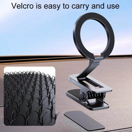 Car Magnetic Phone Holder Clip Stand For Hands-Free Travel compact folding alloy clip mount on dashboard showing velcro pad