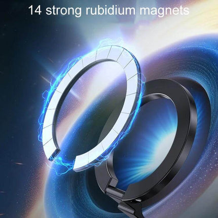 Car Magnetic Phone Holder Clip Stand For Hands-Free Travel showing magnetic ring and foldable clip with 14 strong rubidium magnets