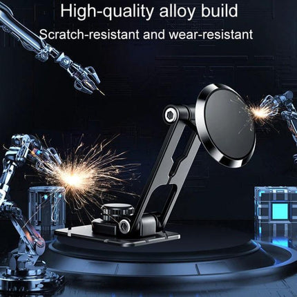 Foldable Suspension Car Phone Holder With Magnetic Dashboard Mount showing black alloy foldable arm and round magnetic pad on dashboard display