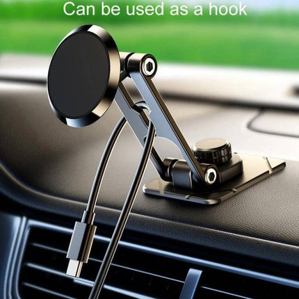 Foldable Suspension Car Phone Holder With Magnetic Dashboard Mount on car dash showing aluminum alloy arm and magnetic phone pad