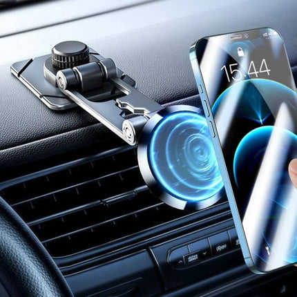 Foldable Suspension Car Phone Holder With Magnetic Dashboard Mount installed on dashboard holding smartphone over vent