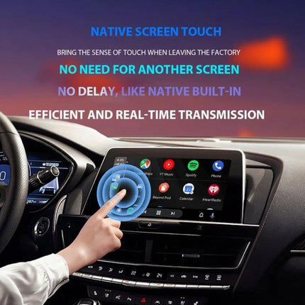 CarPlay Box Wired To Wireless Bluetooth Adapter For Android And iOS showing native touch screen CarPlay interface in car dashboard with USB/Type-C connection