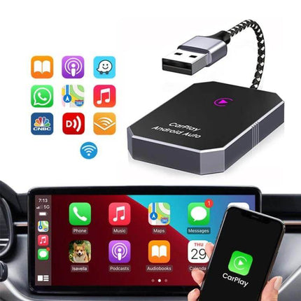 CarPlay Box Wired To Wireless Bluetooth Adapter For Android And iOS compact aluminum USB dongle showing CarPlay screen and phone