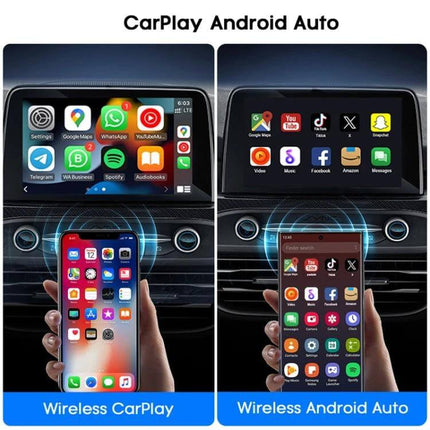 CarPlay Box Wired To Wireless Bluetooth Adapter For Android And iOS showing wireless CarPlay and Android Auto screen mirroring in a car