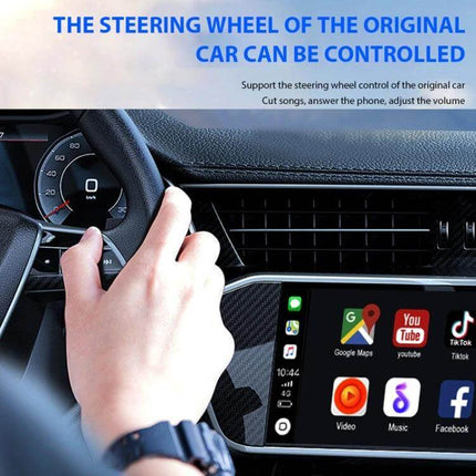 CarPlay Box Wired To Wireless Bluetooth Adapter For Android And iOS showing steering wheel control and wireless CarPlay interface in car