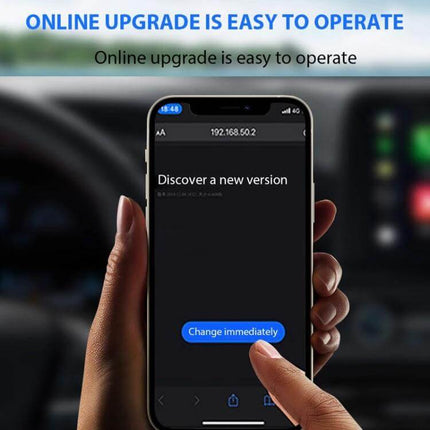 CarPlay Box Wired To Wireless Bluetooth Adapter For Android And iOS showing phone firmware update screen with hand tapping Change immediately