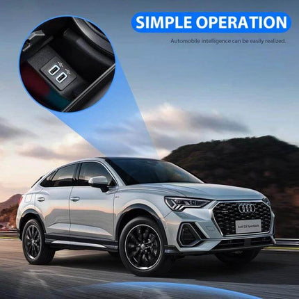 CarPlay Box Wired To Wireless Bluetooth Adapter For Android And iOS showing USB/Type-C ports and in-car installation with Audi on road