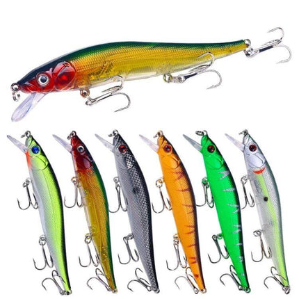 HENGJIA 6-Color Submerged Minnow Lure Set For Everyday Fishing, 12cm - six 12cm plastic and metal night-light fishing minnows in assorted colors with treble hooks