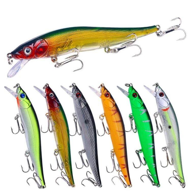 HENGJIA 6-Color Submerged Minnow Lure Set For Everyday Fishing, 12cm - six 12cm plastic and metal night-light fishing minnows in assorted colors with treble hooks