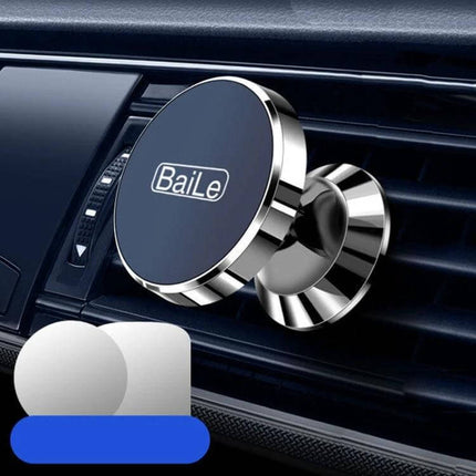 BaiLe Magnetic Car Phone Holder Universal Dashboard Mount showing compact oxidized aluminum alloy magnetic dashboard mount attached to vent