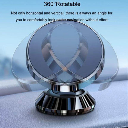BaiLe Magnetic Car Phone Holder Universal Dashboard Mount shown rotatable on dashboard, compact oxidized aluminum alloy, one‑hand snap-in, stable during braking