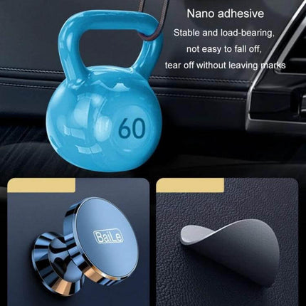 BaiLe Magnetic Car Phone Holder Universal Dashboard Mount showing blue magnetic mount with nano adhesive holding a 60kg kettlebell