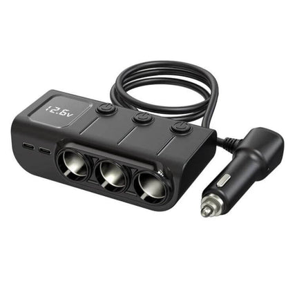 120W Digital Display Car Charger For Everyday On Road Use black 3-in-1 cigarette lighter adapter with digital voltage display and USB PD ports