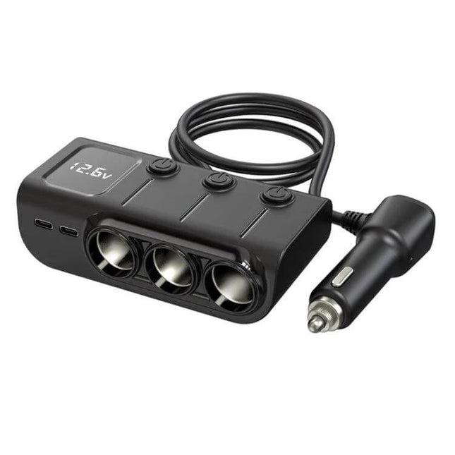 120W Digital Display Car Charger For Everyday On Road Use black 3-in-1 cigarette lighter adapter with digital voltage display and USB PD ports