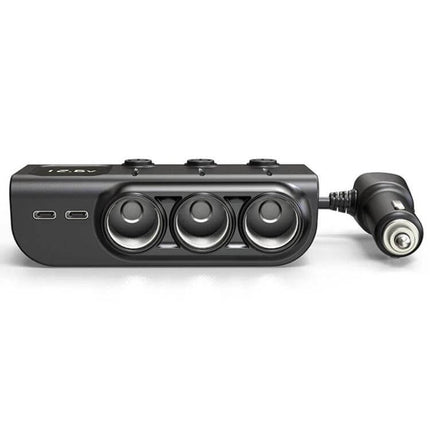 120W Digital Display Car Charger For Everyday On Road Use - compact 3-in-1 cigarette lighter adapter with dual PD USB ports and three sockets