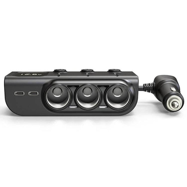 120W Digital Display Car Charger For Everyday On Road Use - compact 3-in-1 cigarette lighter adapter with dual PD USB ports and three sockets