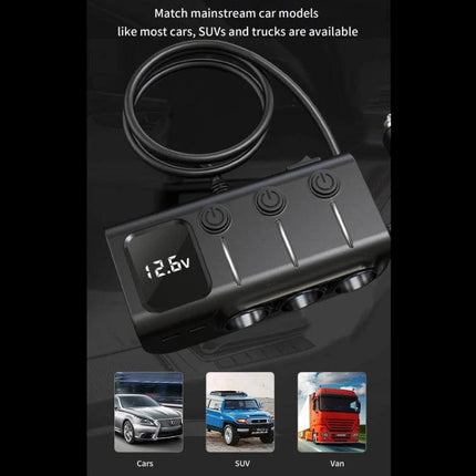 120W Digital Display Car Charger For Everyday On Road Use - compact 3-in-1 cigarette lighter with digital voltage display and three USB/PD ports