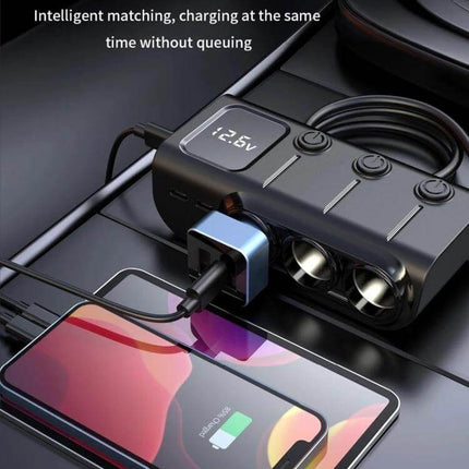 120W Digital Display Car Charger For Everyday On Road Use shown in car console charging smartphone via USB and cigarette lighter with digital voltage display