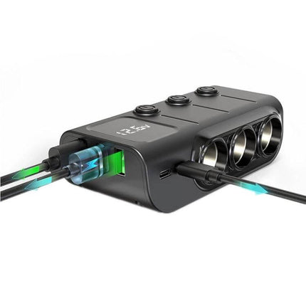 120W Digital Display Car Charger For Everyday On Road Use compact three-in-one cigarette lighter adapter with USB PD ports and digital screen
