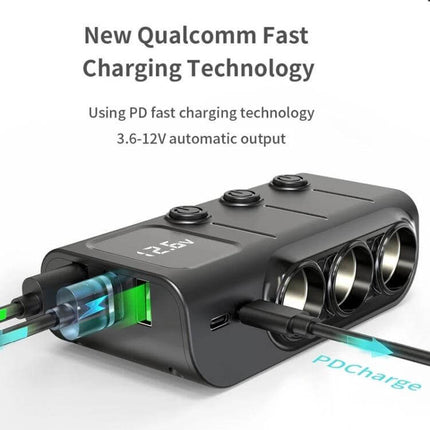 120W Digital Display Car Charger For Everyday On Road Use - black 3-in-1 cigarette lighter adapter with PD ports and digital display for fast charging