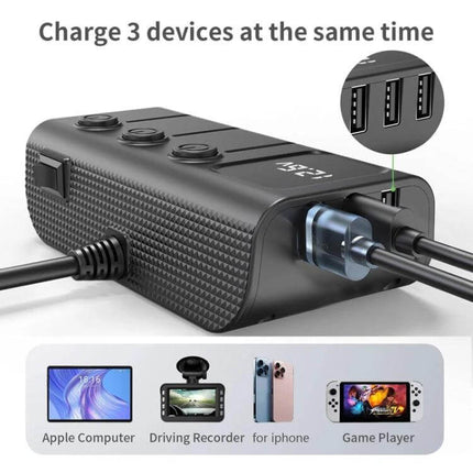 120W Digital Display Car Charger For Everyday On Road Use black three-in-one cigarette lighter with digital display and multiple USB ports