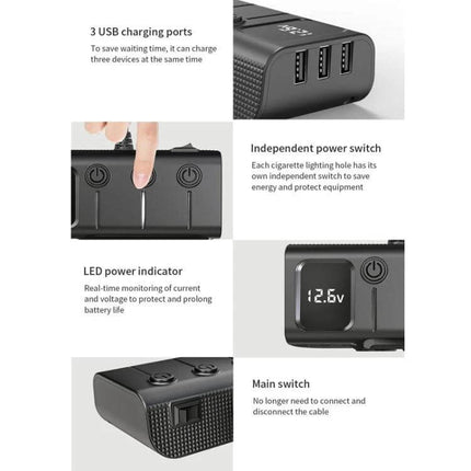 120W Digital Display Car Charger For Everyday On Road Use - 3 USB ports, cigarette lighter sockets, LED power display and independent switches