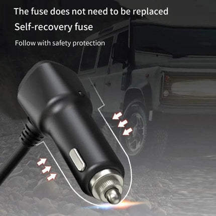 120W Digital Display Car Charger For Everyday On Road Use showing self-recovery fuse cigarette lighter plug with safety arrows