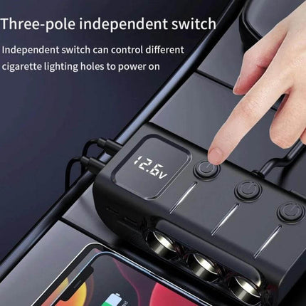 120W Digital Display Car Charger For Everyday On Road Use showing digital voltage display, three independent cigarette lighter sockets and USB ports in car