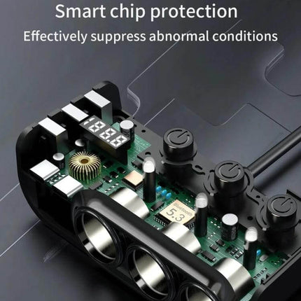 120W Digital Display Car Charger For Everyday On Road Use showing internal circuit board and smart chip protection with digital display