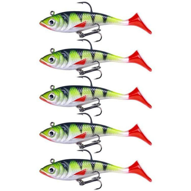 HENGJIA T-Tail Soft Fishing Lure For Freshwater 8.5cm - pack of five green and red 8.5cm soft plastic lures with metal hooks for lakes and rivers