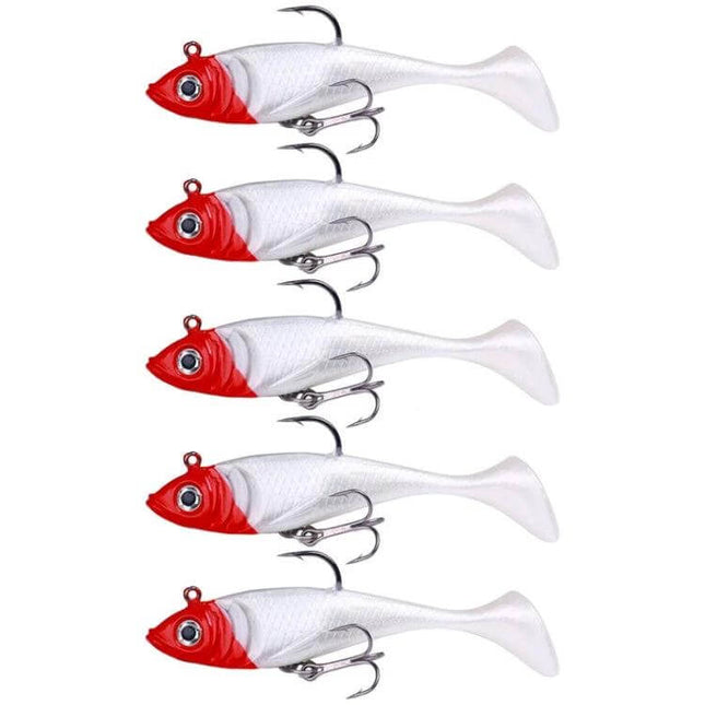 HENGJIA T-Tail Soft Fishing Lure For Freshwater 8.5cm white red soft plastic bait with treble hooks, pack of five for lakes rivers ponds