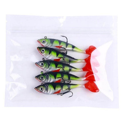 HENGJIA T-Tail Soft Fishing Lure For Freshwater 8.5cm – pack of four green/red T-tail soft plastic lures with hooks, ideal for lakes and rivers