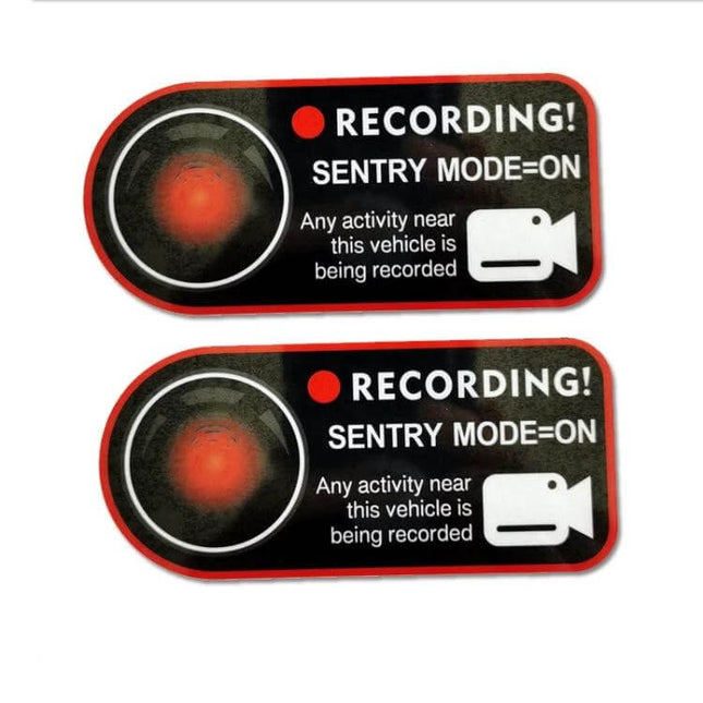 Sentry Mode Warning Sticker for Tesla Model 3, Y, S, and X – pair of black red “Recording! Sentry Mode=On” deterrent stickers