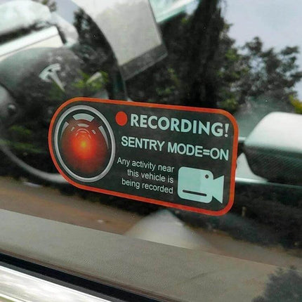 Sentry Mode Warning Sticker for Tesla Model 3, Y, S, and X — visible car window sticker warning of recording to deter thieves