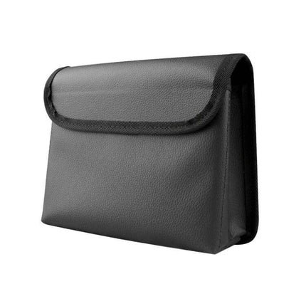 Leather Car Folding Trash Can for Seatback Storage in black leather, compact folding seatback trash bin with flap closure