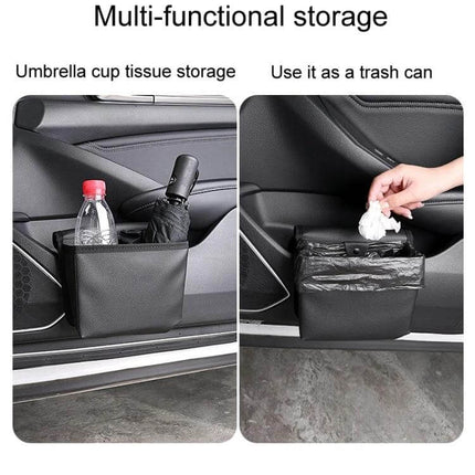 Leather Car Folding Trash Can for Seatback Storage - compact leather car trash bin attached to door for bottles, umbrellas, receipts and easy bag disposal
