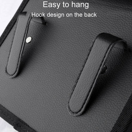 Leather Car Folding Trash Can for Seatback Storage showing black leather hooks and hook design for easy hanging on seatback