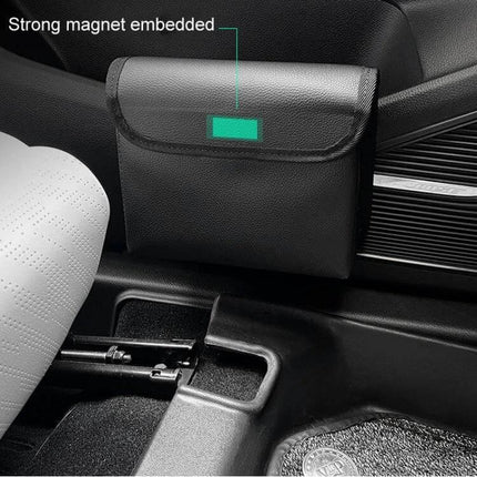 Leather Car Folding Trash Can for Seatback Storage - compact black leather folding car trash bin mounted to seatback with strong magnet, universal fit, bag attachment