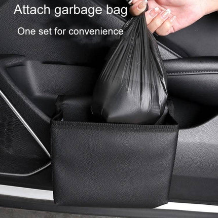 Leather Car Folding Trash Can for Seatback Storage - compact leather car trash bag attached to door pocket for easy disposal