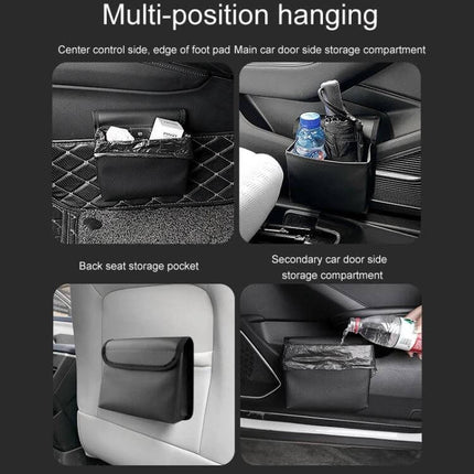 Leather Car Folding Trash Can for Seatback Storage - compact leather car trash bin for seatback, door, and pocket mounting, holds small waste and receipts